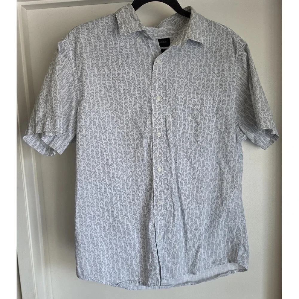 Banana Republic Men M Cotton Polo Shirt White Blue Leaf Collared Top